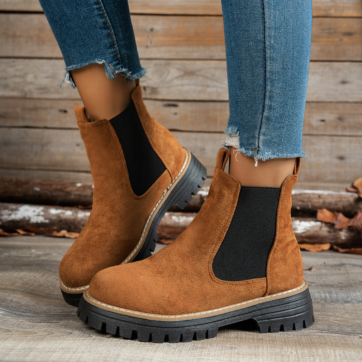 Botins de Salto Alto com Plataforma Grossa para Mulher com Salto de Plataforma Espessa - Sola Antiderrapante, Biqueira Redonda e Forro, Botas Casuais para Todas as Estações em Castanho, Versátil para Jeans e Vestidos, Botas Grossas, Botas Elegantes, Moda Mulher