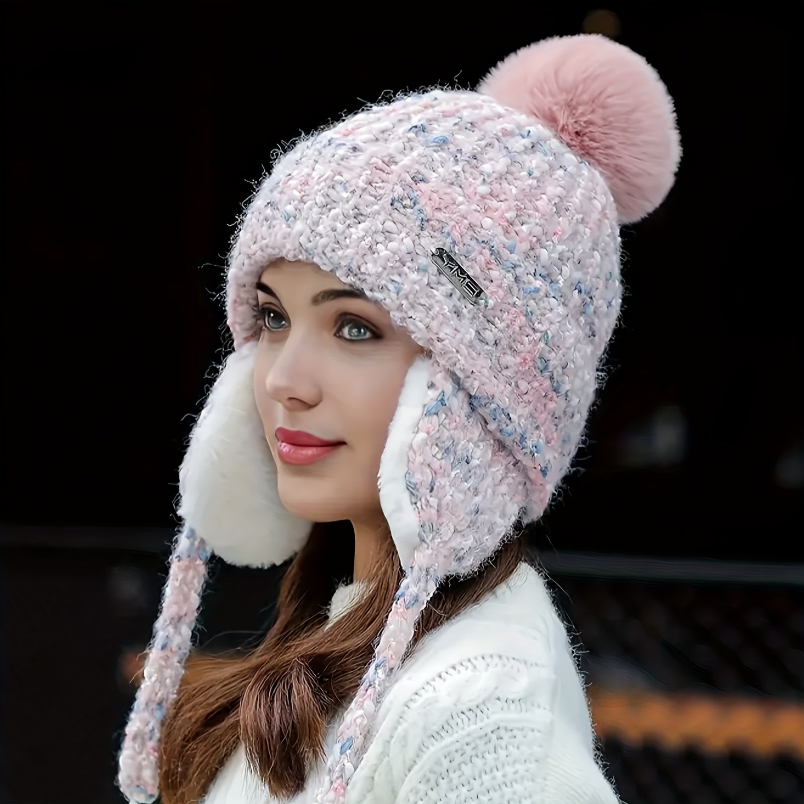 Gorro de Inverno Feminino em Fleece com Abas Desmontáveis e Pom-Pom - Fechamento Elástico por Cordão, Branco/Preto/Cinza/Bege- - Gorro Quente para Esqui, Snowboarding, Atividades ao Ar Livre no Tempo Frio