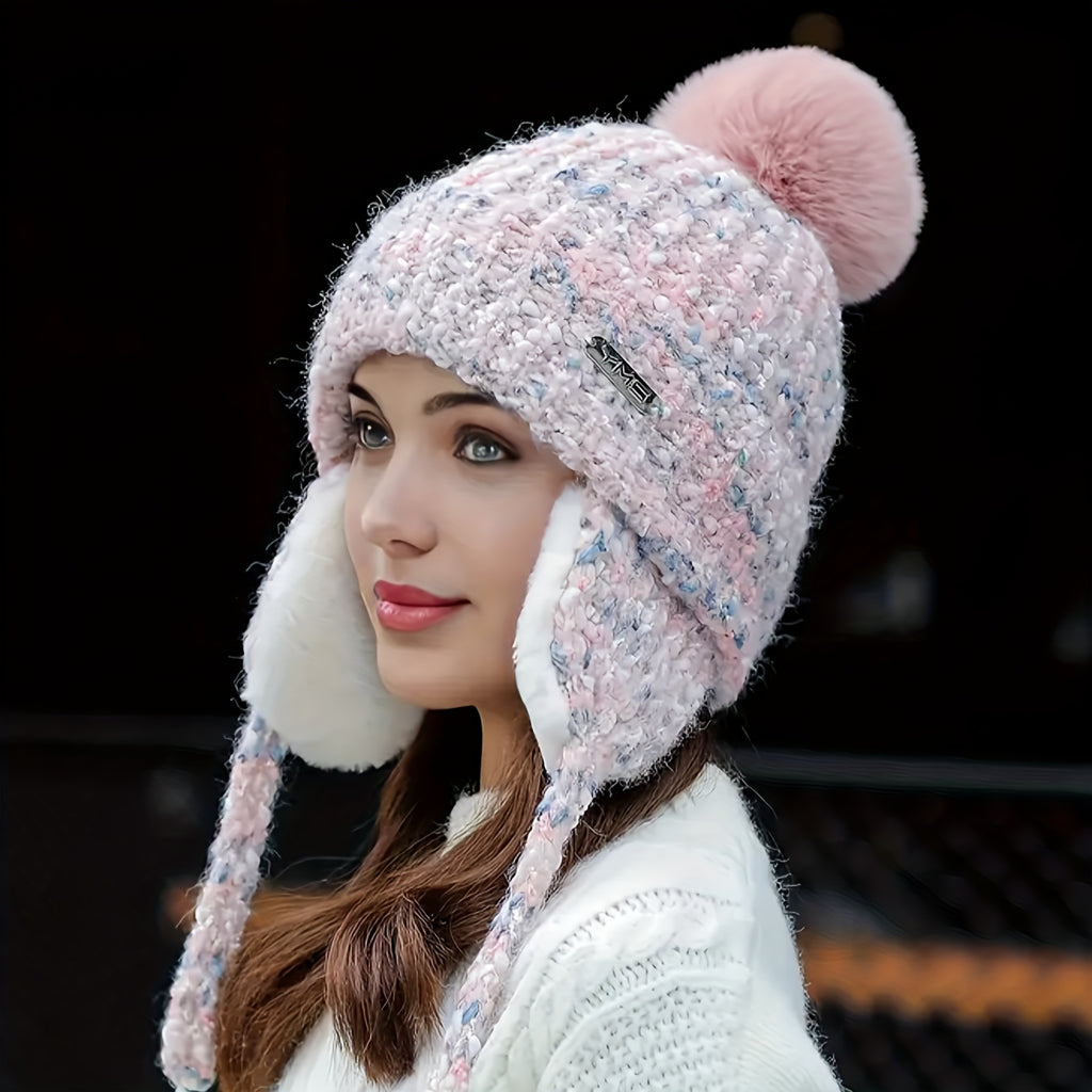 Gorro de Inverno Feminino em Fleece com Abas Desmontáveis e Pom-Pom - Fechamento Elástico por Cordão, Branco/Preto/Cinza/Bege- - Gorro Quente para Esqui, Snowboarding, Atividades ao Ar Livre no Tempo Frio