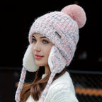 Gorro de Inverno Feminino em Fleece com Abas Desmontáveis e Pom-Pom - Fechamento Elástico por Cordão, Branco/Preto/Cinza/Bege- - Gorro Quente para Esqui, Snowboarding, Atividades ao Ar Livre no Tempo Frio