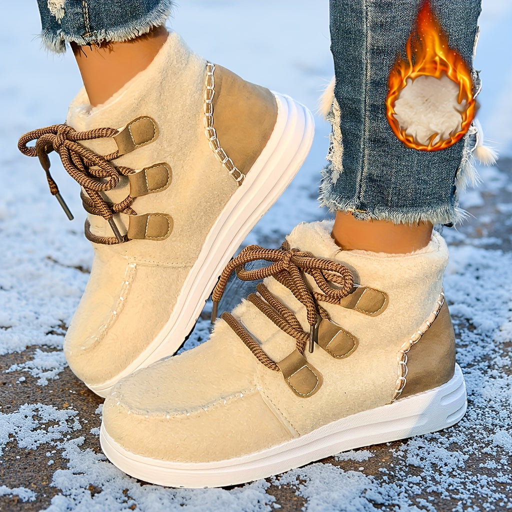 Botas de Inverno para Mulheres com Sola de Plataforma Grossa - Bege/ Botas de Cano Alto com Atacadores, Sola de EVA Antiderrapante para Clima Frio, Eventos Diários e Formais - Sapatos Quentes para as Estações de Outono e Inverno, Calçado de Estação, Design de Bico Redondo, Construção Durável, Mulheres Conscientes da Moda
