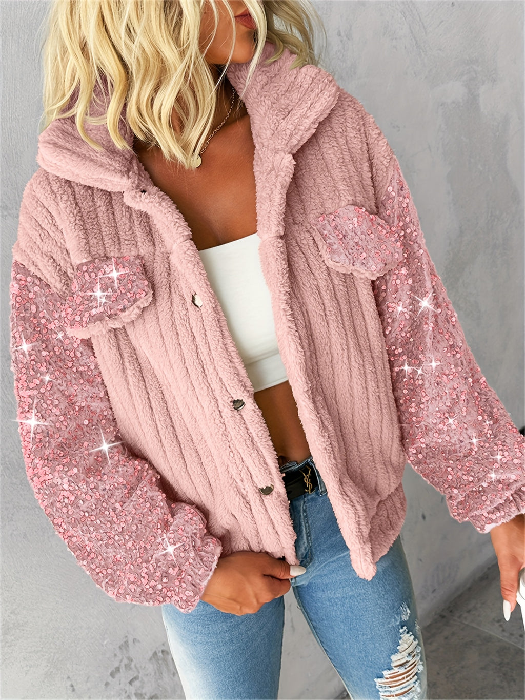 CHICME Casaco de Pelúcia Feminino em Imitação de Pele com Detalhes de Lantejoulas - Elegante Casaco de Manga Comprida com Gola de Lapela e Várias Cores, Roupa de Exterior de Inverno Lavável à Máquina para Outono/Inverno