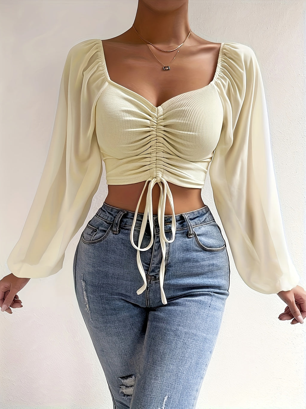 Top Curto Com Cordão E Decote Em Coração, Blusa Casual Ilusão Com Manga Lanterna Para Primavera E Outono, Roupas Femininas