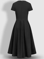 Sophisticated V-Neck Short Sleeve Dress - Solid Black