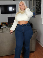 Calças Casuais de Perna Reta Lavadas e Elásticas Plus Size para Mulheres