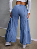 Calças Jeans Femininas de Cintura Alta e Perna Larga sem Elasticidade com Fivela de Cinto e Bolsos - Bainha com Babado para Todas as Estações, do Casual ao Formal, Resistente a Rugas (Lavagem Manual Apenas) - Leggings com Comprimento de Jeans