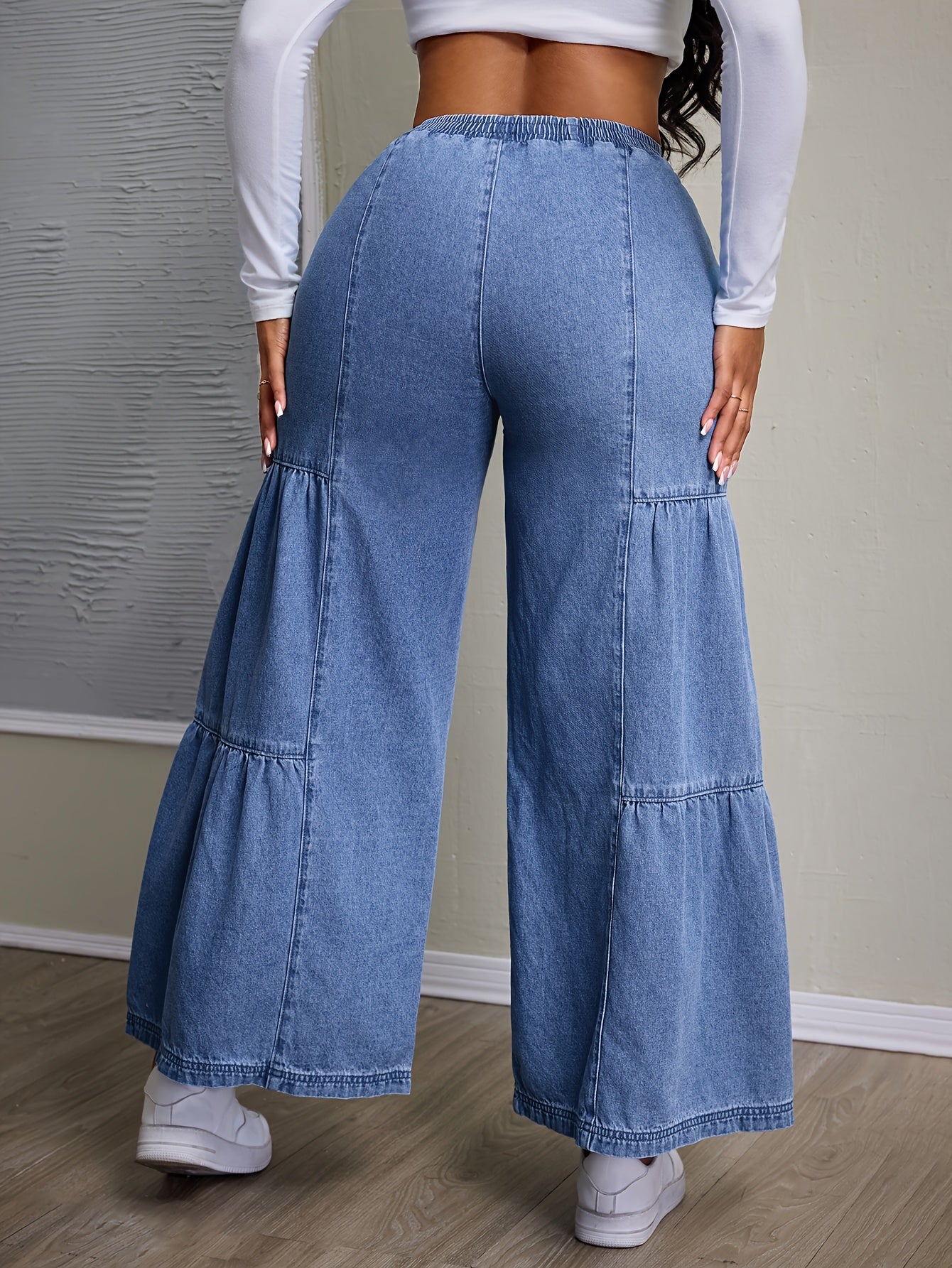 Calças Jeans Femininas de Cintura Alta e Perna Larga sem Elasticidade com Fivela de Cinto e Bolsos - Bainha com Babado para Todas as Estações, do Casual ao Formal, Resistente a Rugas (Lavagem Manual Apenas) - Leggings com Comprimento de Jeans