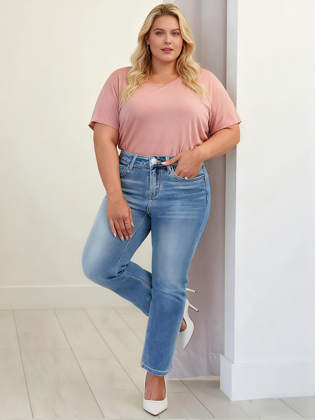 Calças Jeans Plus Size Femininas de Cintura Alta e Elásticas - Azul Claro, Perna Larga com Zíper Completo na Frente, Silhueta H-Line (Sem Passantes) - Calça Elegante para Todos os Estilos: Casual ou Social - Lavável em Máquina