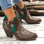 Botas de salto grosso com decoração de contas douradas para mulheres, design de fivela de moda, botas de tornozelo confortáveis para mulheres