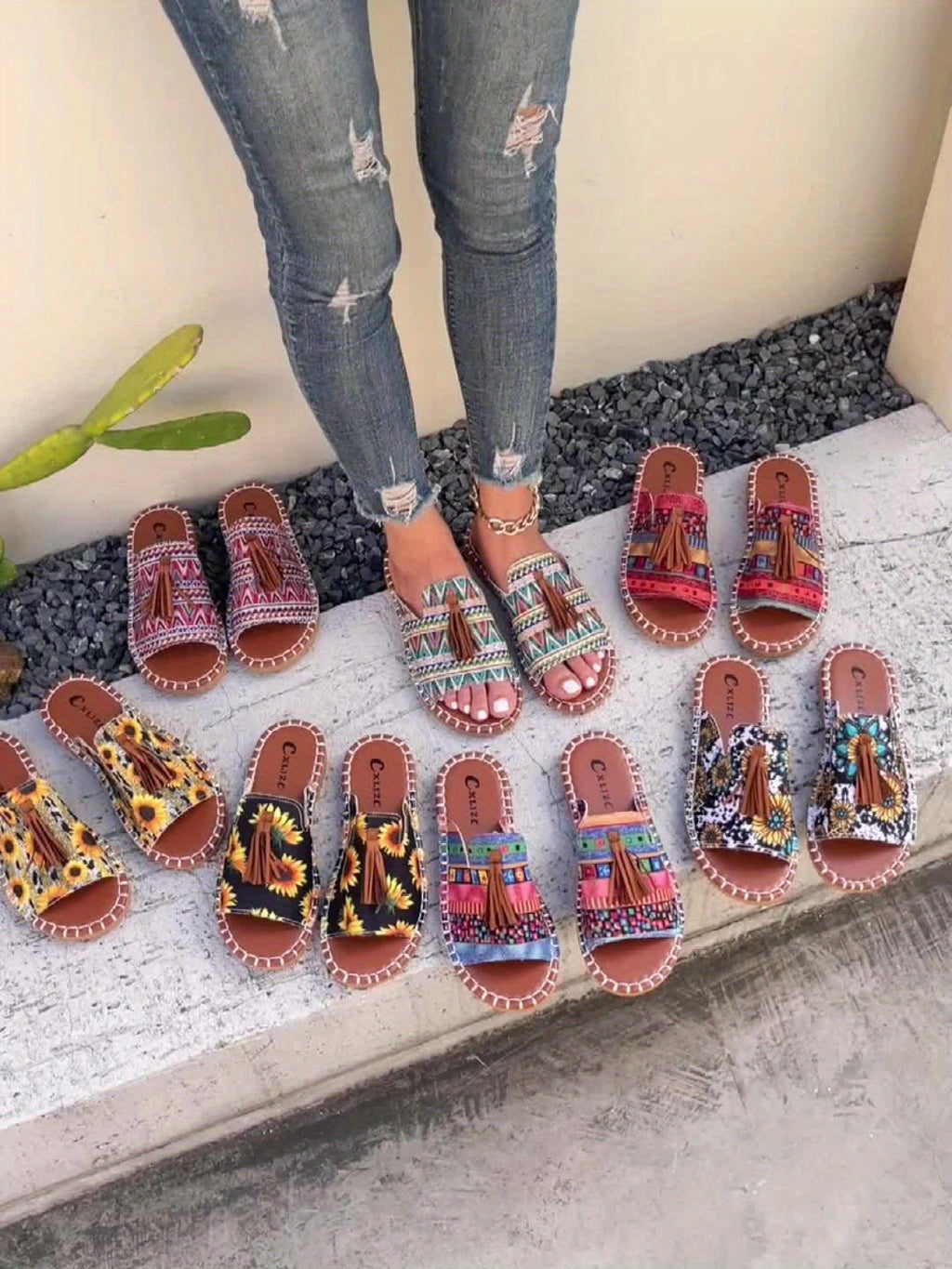 CXLJZC Chinelos de Franja Étnica para Homens e Mulheres - Mocassins com Padrão Étnico Costurado à Mão e Sola TPR, Respirável e Aberto para Verão/Exterior, Praia, (Unissex) - Linha Especial Europeia de Calçado Casual