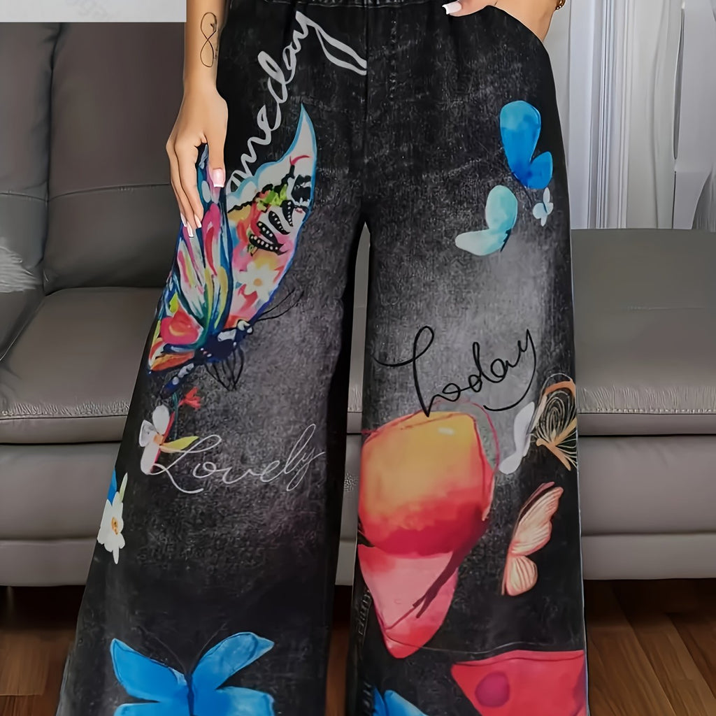 Wide Leg Plus Size Pants with Butterfly Print & Elastic Waist