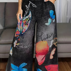 Wide Leg Plus Size Pants with Butterfly Print & Elastic Waist