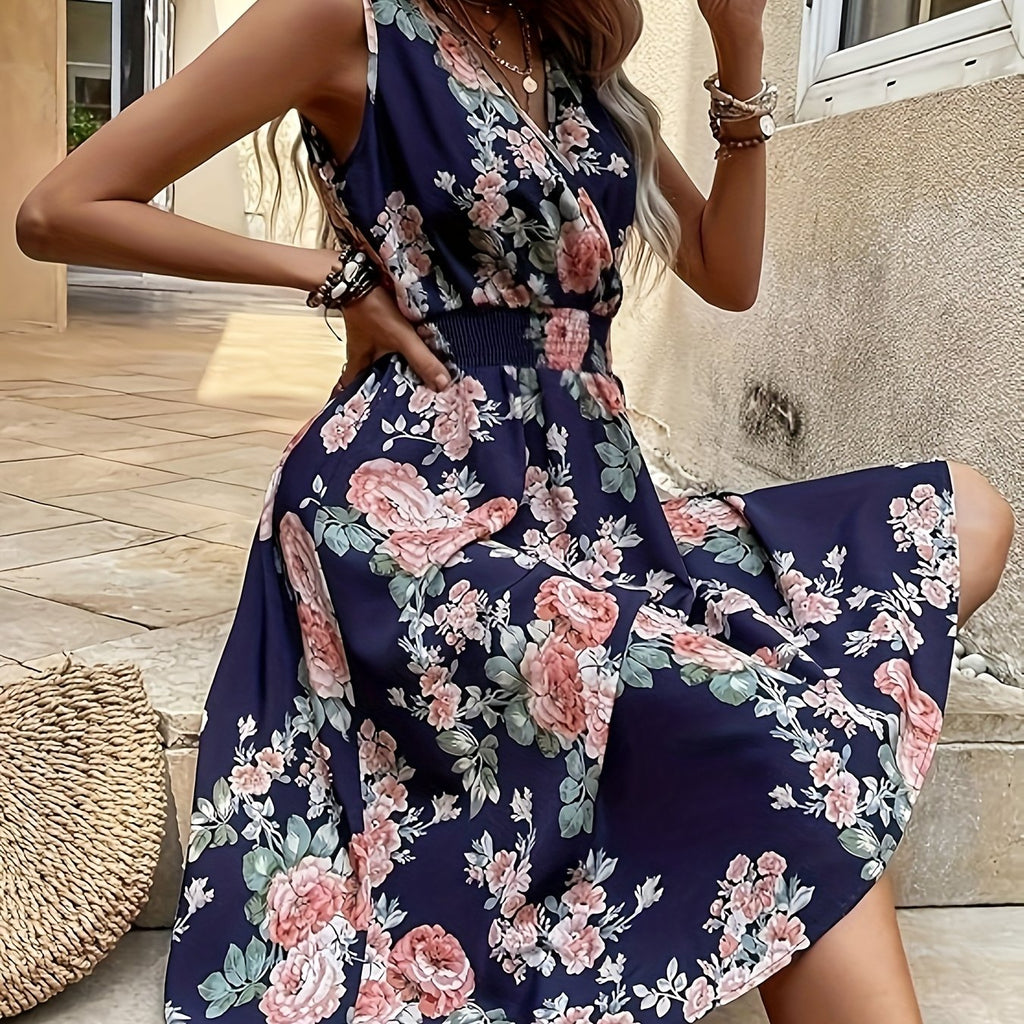 Chic V-Neck Floral A-Line Dress - Sleeveless Elegance
