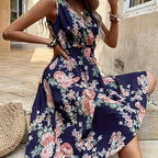 Chic V-Neck Floral A-Line Dress - Sleeveless Elegance