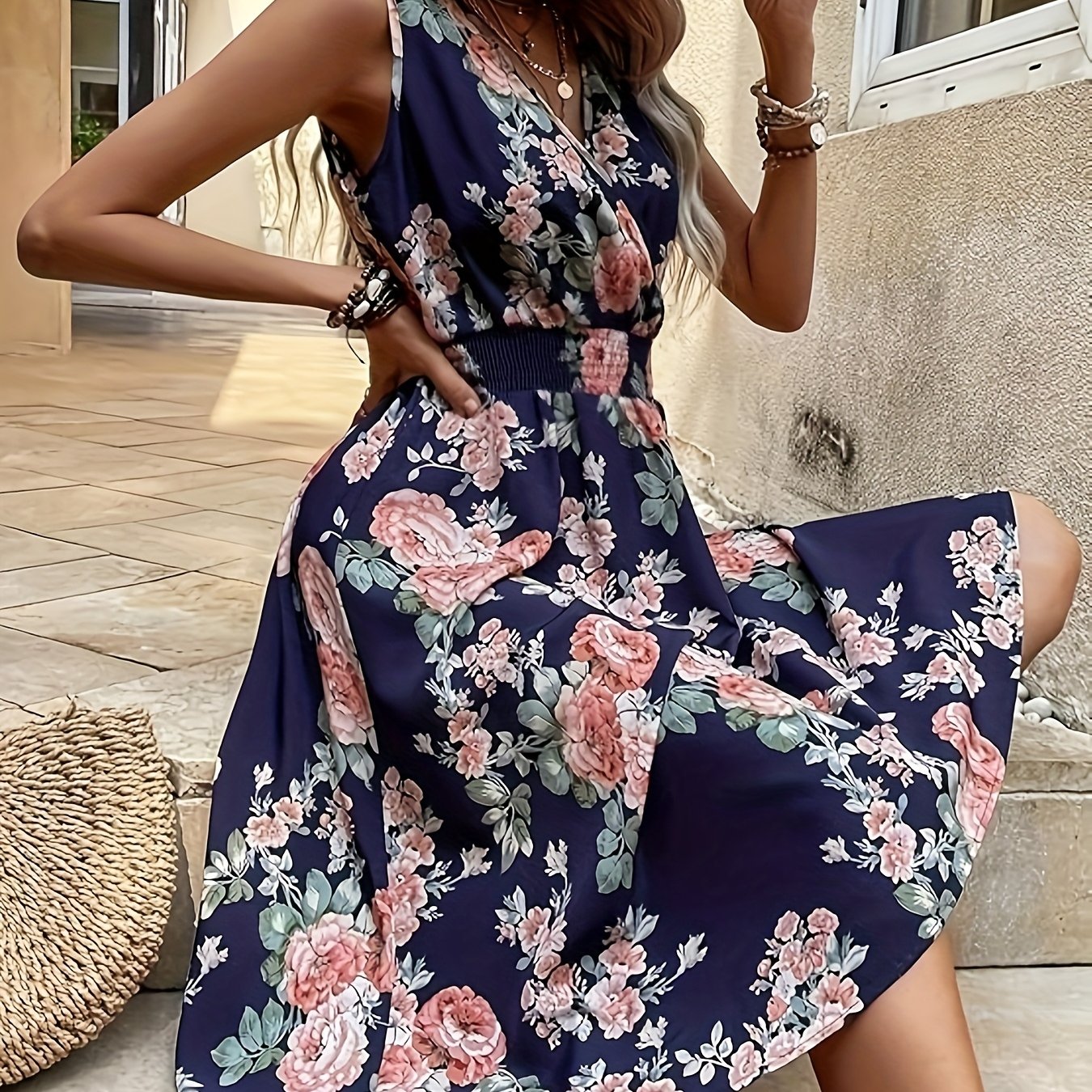 Chic V-Neck Floral A-Line Dress - Sleeveless Elegance