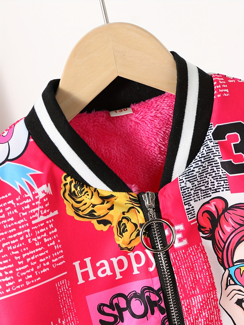 Jaqueta Bomber Aconchegante com Forro de Fleece e Estampa de Pop Art para Meninas - Casaco Casual com Zíper Estilo Baseball para Outono/Inverno, Tamanhos 130-170