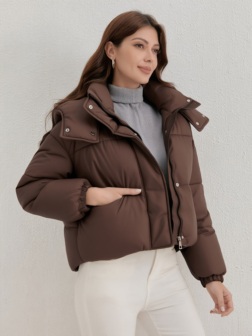 Casaco Leve com Capuz para Mulher - Casaco de Inverno Quente com Fecho de Zíper Completo, Gola Alta, Exterior - Roupa Exterior de Fácil Cuidado para Clima Frio para Uso Diário e Formal, Casaco de Inverno, Roupa Casual de Inverno, Design de Gola Alta, Roupa de Inverno Durável, Moda de Outono