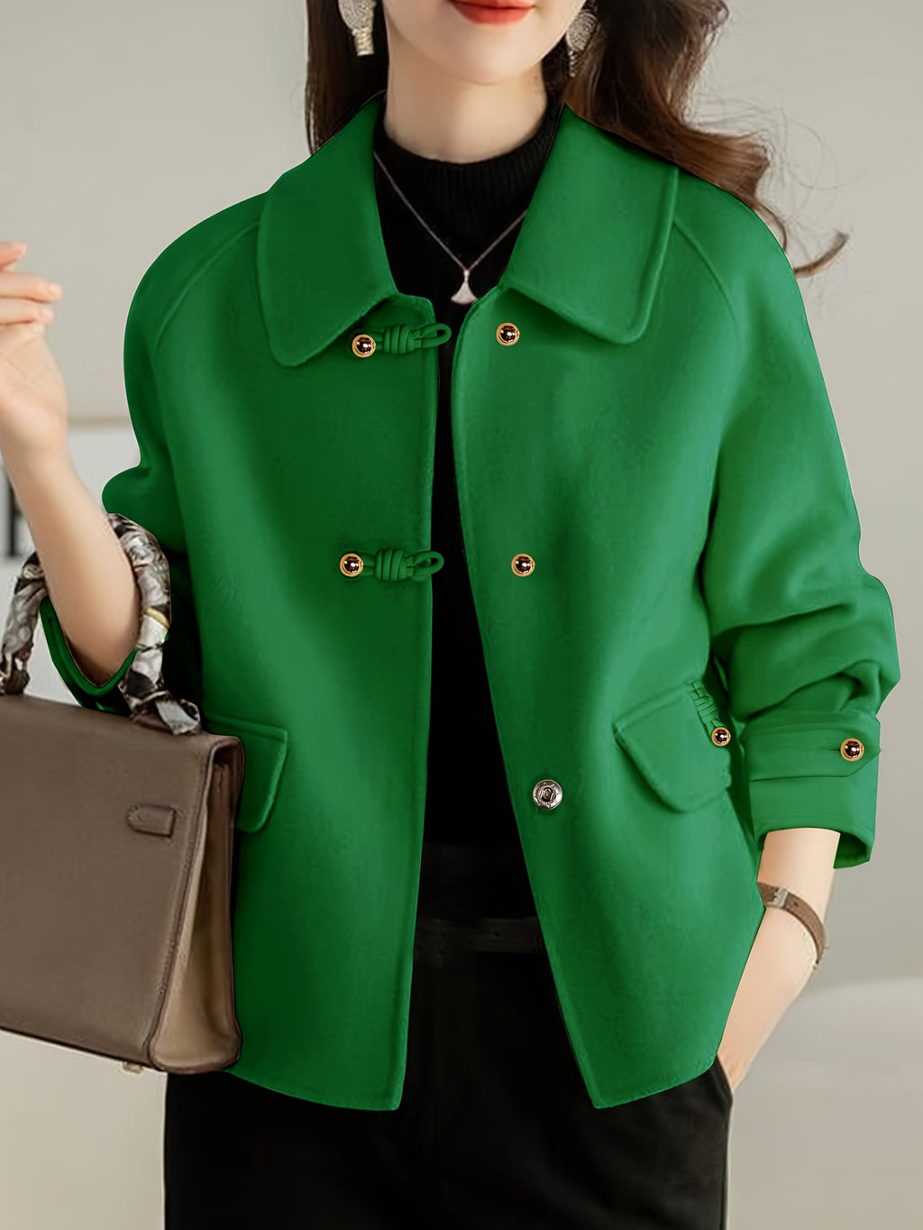 Jaqueta de Tweed Elegante com Botões de Pérola para Mulheres - Casaco com Gola e Entalhe, Bolso Estruturado, Blazer Solto para Uso em Todas as Estações, Casual a Profissional (Marrom/Bege/Preto) - Lavagem à Mão/Limpeza a Seco