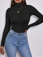 Top de corte alto de manga comprida para mulher - Mistura de poliéster preto elástico, corte casual chic com detalhe de botão, perfeito para outono/inverno, top casual chic|Estilo minimalista|Mistura de poliéster