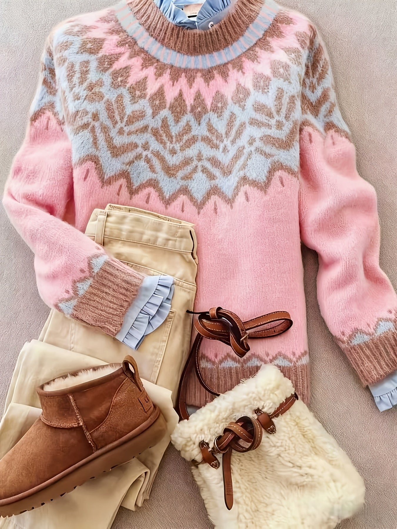 Blusa Feminina Elegante Casual Étnica/Geométrica - Blusa de Inverno Quente com Bloco de Cores e Gola Redonda, Lavável na Máquina, Confortável para Camadas de Outono/Inverno, Novidade 2024 (Poliéster) - Coleção Elegante para Vestidos e Blusas