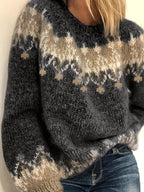 Suéter Feminino com Tricô Geométrico - Gola Redonda Macia para o Calor do Inverno, Essencial Casual e Chique para Outono & Inverno, Artesanato de Qualidade