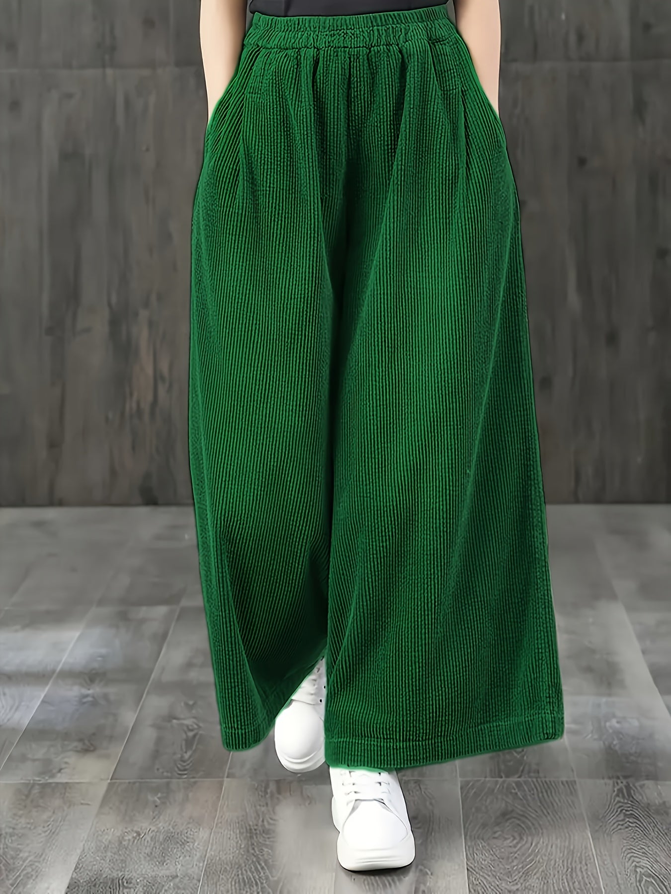 Calças de Bombazine de Perna Larga para Mulher - Calças Casuais de Cintura Elástica com Bolsos, Calças Compridas de Corte Solto para Looks Diários e Formais - Calças Confortáveis para Mulher em Todas as Estações