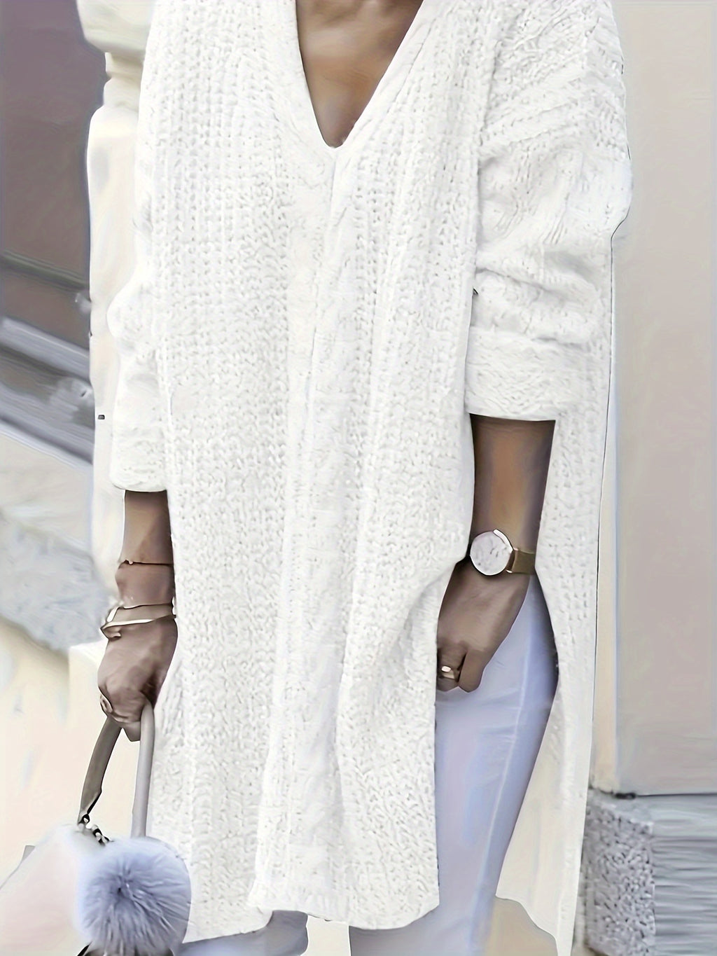 Suéter Casual de Manga Longa com Decote em V para Mulheres Plus Size