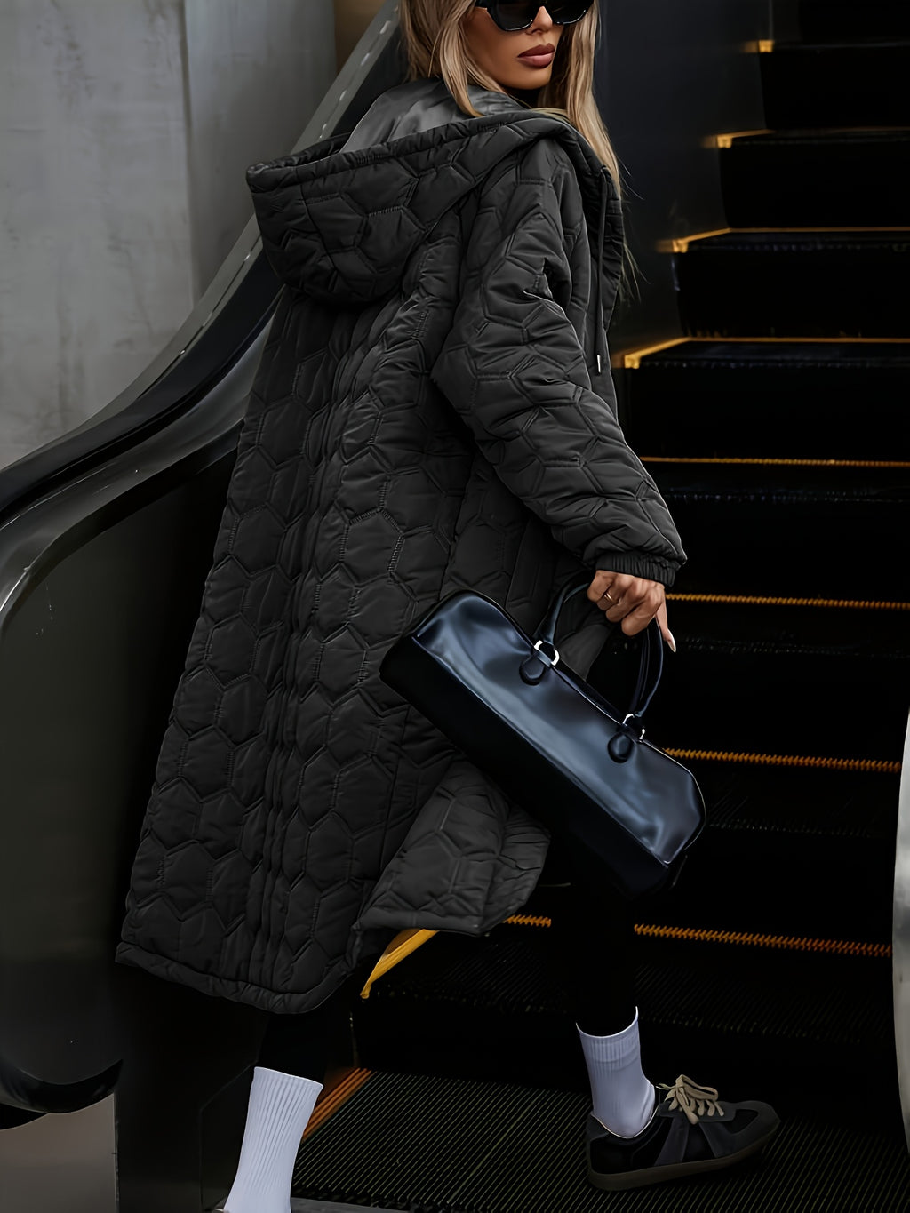 Jaqueta de Inverno Acolchoada com Capuz para Mulheres - Casaco Longo para Clima Frio, Lavável à Mão, Ideal para Outono e Inverno, Casual para Baixas Temperaturas