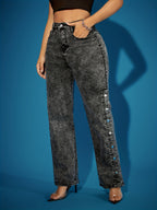 Calças Jeans Retrô Femininas de Perna Reta com Botões