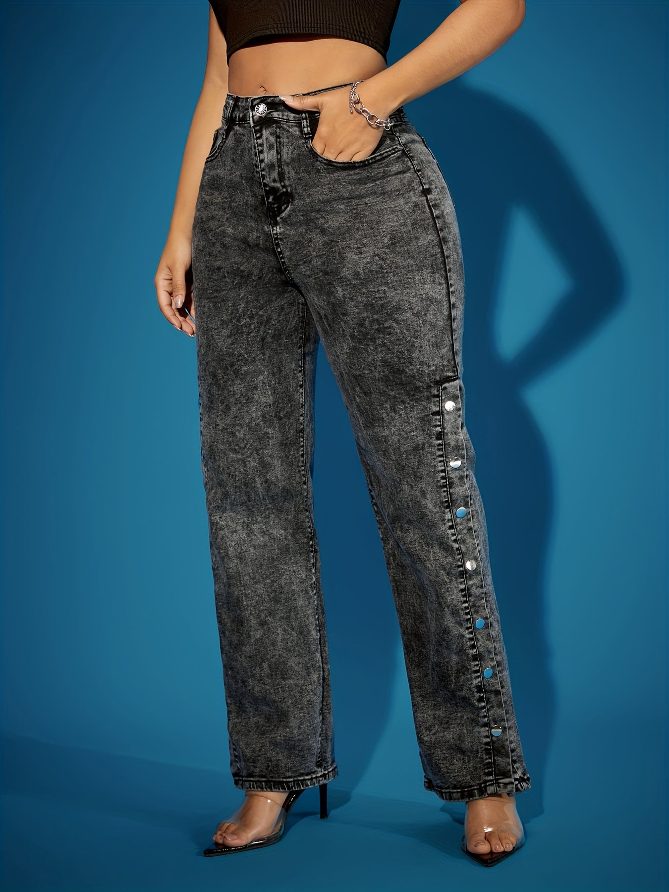 Calças Jeans Retrô Femininas de Perna Reta com Botões