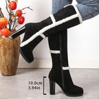 Botas de Neve de Inverno para Mulheres com Gola Falsa & Pelúcia - Salto Grosso Bloco, Sola Grossa de TPR, Fechamento com Zíper e Bico Redondo - Botas de Salto Alto Pretas e Brancas com Bico Redondo para Gelo e Neve (Somente Limpeza a Seco)