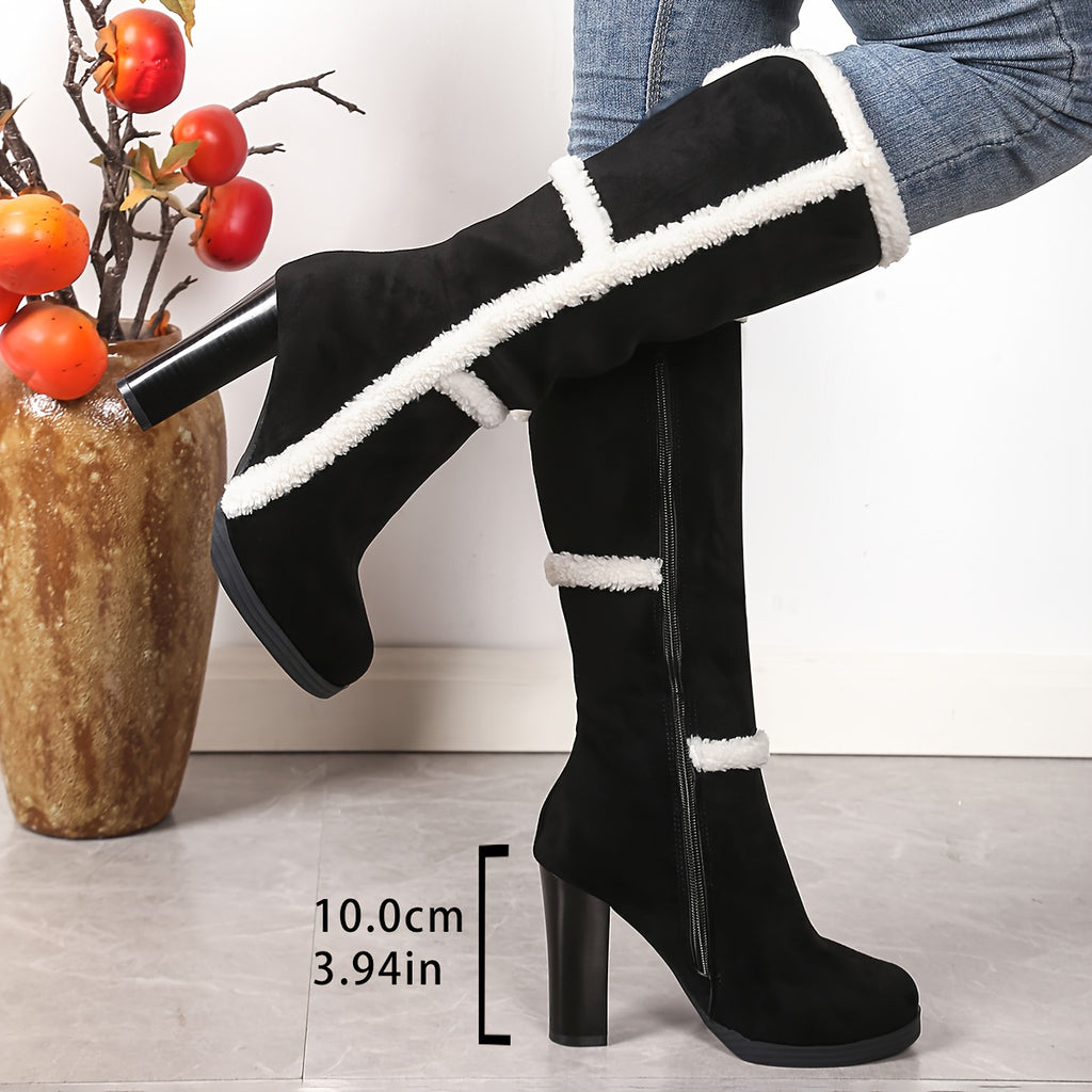 Botas de Neve de Inverno para Mulheres com Gola Falsa & Pelúcia - Salto Grosso Bloco, Sola Grossa de TPR, Fechamento com Zíper e Bico Redondo - Botas de Salto Alto Pretas e Brancas com Bico Redondo para Gelo e Neve (Somente Limpeza a Seco)