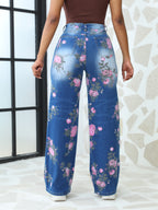 Calças de ganga de cintura alta para mulheres com estampa floral rosa vibrante - pernas retas, fecho de botão, calças longas casuais para verão e outono, calças de ganga de cintura alta, roupa casual de outono, ajuste confortável