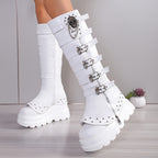 Botas Brancas de Cano Alto para Mulheres com Solas Grossas - Forro de Fleece Quente, Zíper Lateral, Salto Confortável de Cunha, Estilo Punk com Fivela e Detalhe de Corrente, Bico Redondo, Cobertura Falsa para o Inverno