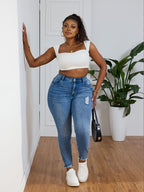 Jeans Skinny de Cintura Alta para Mulheres - Jeans Skinny com Elástico, Franja na Barra e Passantes para Cinto, Calças Azuis Ajustadas para Todas as Estações com Jaquetas de Jeans (Lavável à Mão) - Jeans  e Elásticos para Mulheres Curvilíneas