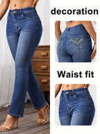 Calças Jeans de Cintura Alta para Mulheres - Pernas Retas com Detalhes Bordados, 73% Algodão, Conforto para Todas as Estações, Azul Médio Casual Streetwear