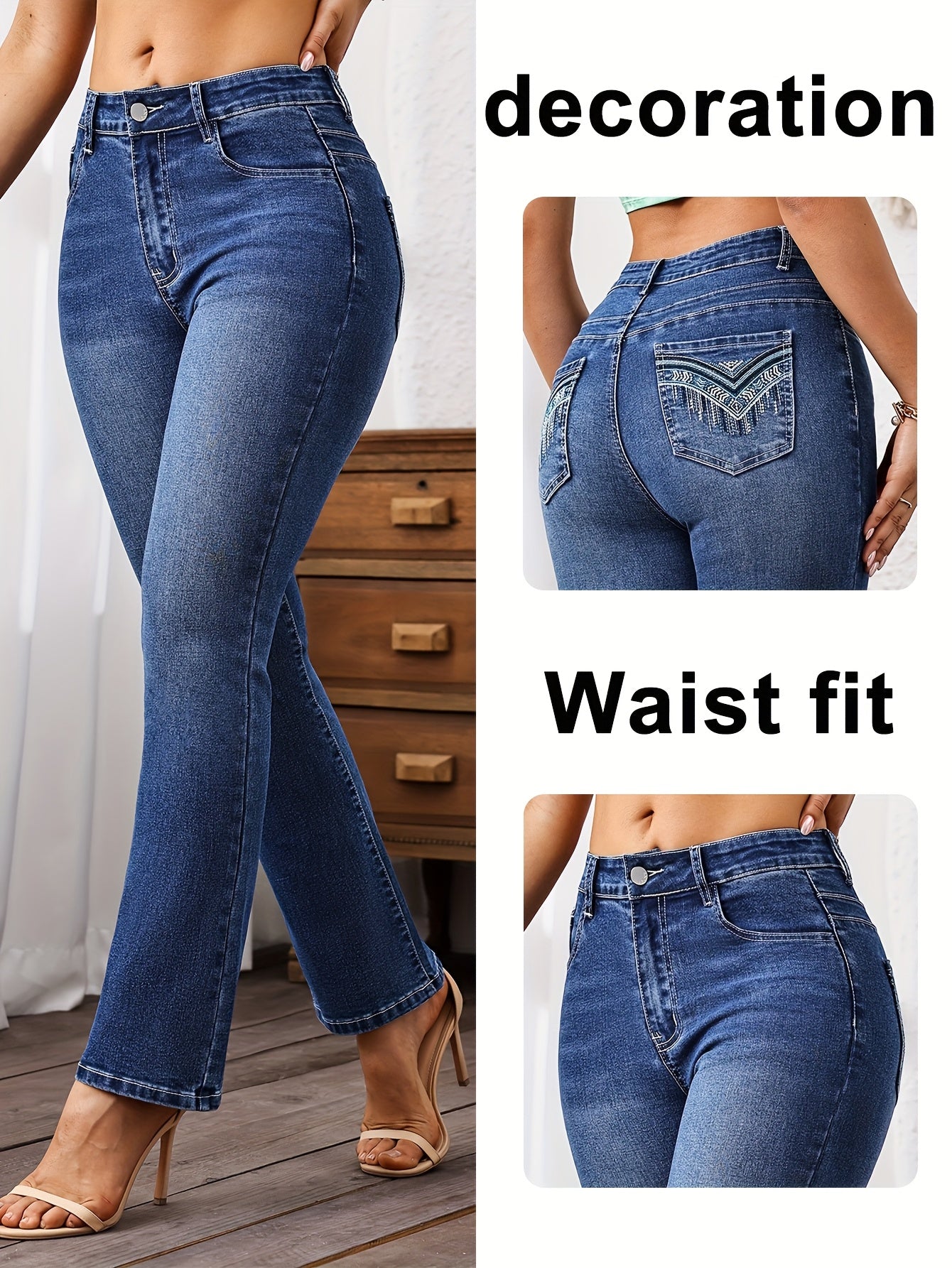 Calças Jeans de Cintura Alta para Mulheres - Pernas Retas com Detalhes Bordados, 73% Algodão, Conforto para Todas as Estações, Azul Médio Casual Streetwear