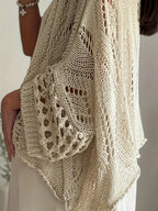 Plus Size, Top Casual Feminino com Recorte Geométrico e Manga 3/4 - Cobertura Protetora Solar Solta para Primavera/Verão, Roupa de Praia Translúcida e Respirável, Camada de Proteção Solar, Estampa Crochê, Tecido Lavável à Mão, Elasticidade Média