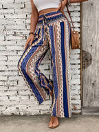 Calças Femininas de Perna Larga com Estampa Floral em Azul Marinho e Branco, Cintura Elástica com Cordão e Detalhe de Smocking - Lavável à Máquina, Confortáveis para Todas as Estações, Tecido Suave e Elegante