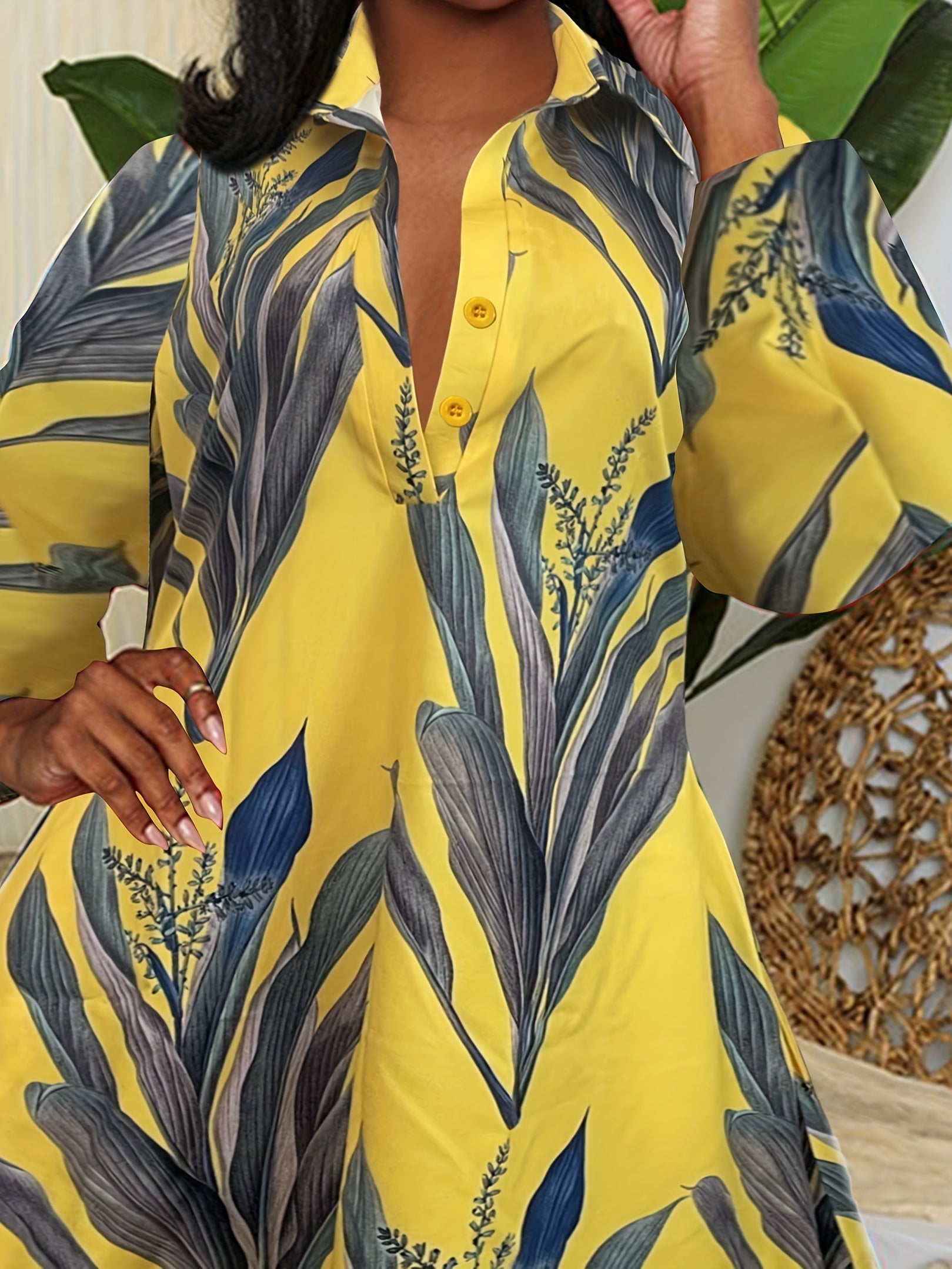 Vestido estampado de folhas com meio botão, vestido casual trapézio de manga 3/4 para primavera e outono, roupa de mulher