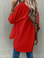 Camisa de botão casual de manga comprida para mulher - Cor sólida, corte relaxado, design de manga 3/4 com bolso no peito, top versátil para todas as estações para atuário casual, vestuário casual | Camisa de corte relaxado | Frente de botão