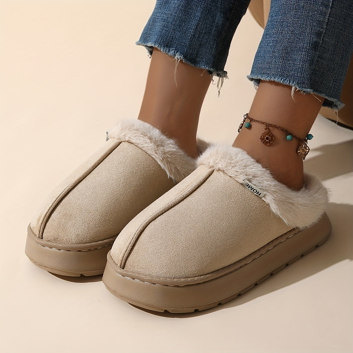 Chinelos Elegantes de Pelúcia para Mulher - Solas Macias e Quentes em EVA Acolchoada e Espessa com Forro de Pelúcia, Antiderrapantes e Confortáveis para Praia no Verão, Sapatos de Casa para Interior/Exterior em Todas as Estações em Cores Pastel e Neutras (Rosa, ) - Material EVA Durável e Fácil de Limpar