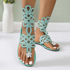 Sandálias Femininas Plus Size 2025 Verão Nova, Bico Redondo com Detalhes em Strass e Recorte Fashion para Mulheres - Estilo Europeu e Americano