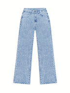 Calças jeans femininas 2025 novas, pernas largas e retas com lavagem ácida azul claro, controle de barriga, cintura alta, confortáveis, bolsos, elegantes para viagens, trabalho ou escritório