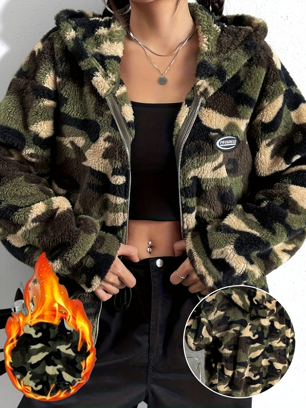 Casaco Felpudo com Estampado Camuflado e Fecho, Casaco com Capuz e Mangas Compridas Estiloso para Outono e Inverno, Roupa de Mulher