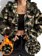 Casaco Felpudo com Estampado Camuflado e Fecho, Casaco com Capuz e Mangas Compridas Estiloso para Outono e Inverno, Roupa de Mulher