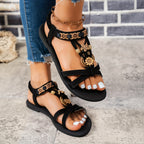 Sandálias Elegantes de Mulher com Borboleta de Strass - Preto Aberto com Fivela Floral Dourada, Tira Elástica Segura para Conforto de Verão, Sandálias Femininas