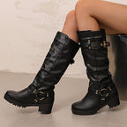 Botas de cavaleiro para mulheres - Botas de cano alto com plataforma grossa, cobertura de imitação para todas as estações, botas de cowboy para uso diário e formal - Tamanhos estendidos disponíveis - Sola de borracha antiderrapante fácil de limpar - Calçado de moda europeu/americanas, botas de cowgirl, calçado versátil, design de bique redondo, construção durável, uso casual, forro confortável, uso de escritório, calçado elegante, lavável à mão, escolha de botas fabulosas, bique, calçado acess