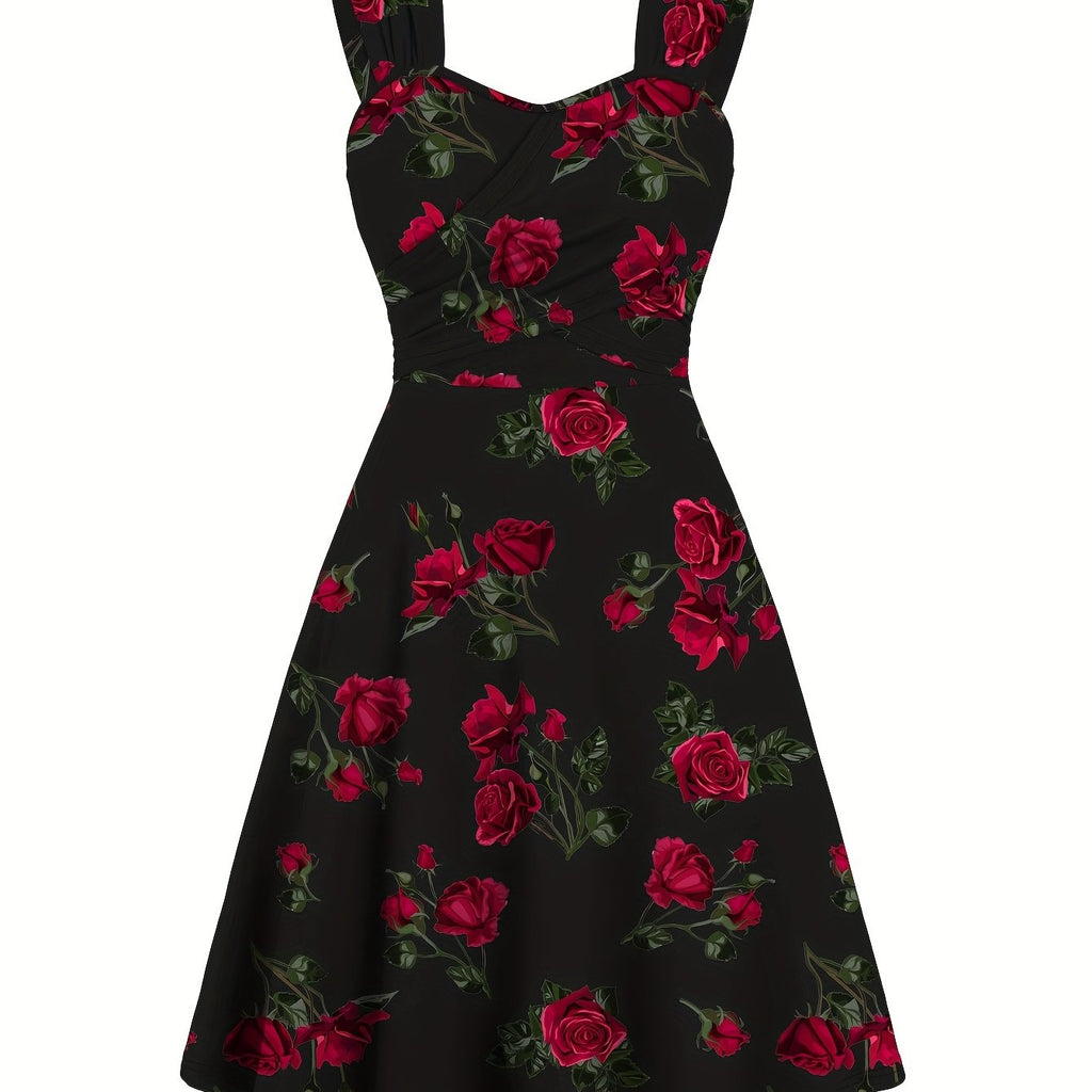 Elegant Red Rose Print Off-Shoulder Dress