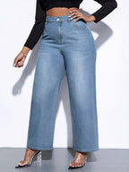 Calças Jeans Plus Size de Cintura Alta e Perna Larga - Azul Claro, Denim Vintage Lavado Ajustado com Elástico, Calça Longa Reta Solta com Alças para Cinto e Lavável na Máquina para Looks Casuais e do Dia a Dia